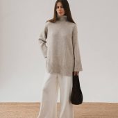 Oversized Turtleneck Sweater Gray & Beige Wool Blend