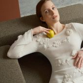 White Handmade Knitted Dress With Crochet Flowers - Long Women's Dress